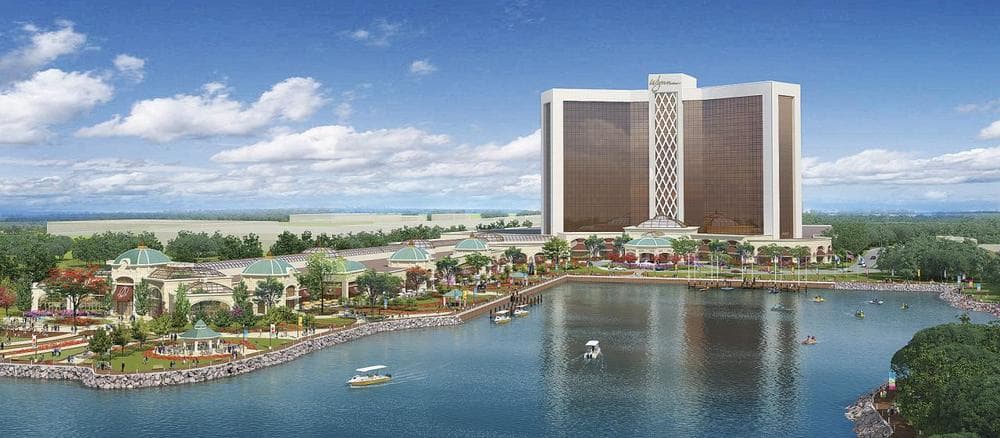 This artist's rendering by Wynn Resorts shows a proposed resort casino on the banks of the Mystic River in Everett, Mass. (Wynn Resorts/AP Photo)