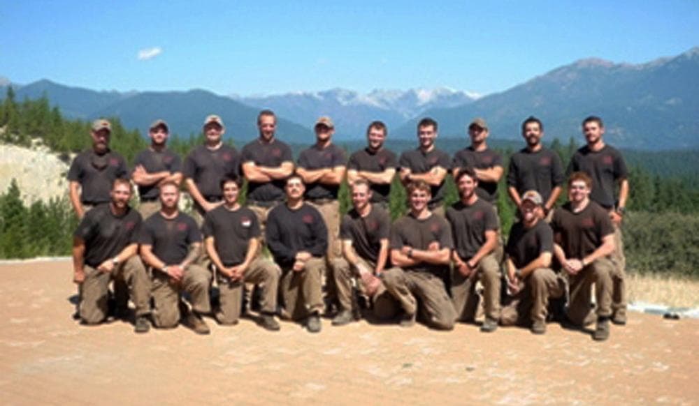 Unidentified members of the Granite Mountain Interagency Hotshot Crew from Prescott, Ariz., pose together in this undated photo provided by the City of Prescott. Some of the men in this photograph were among the 19 firefighters killed while battling an out-of-control wildfire near Yarnell, Ariz., on Sunday, June 30, 2013, according to Prescott Fire Chief Dan Fraijo. It was the nation's biggest loss of firefighters in a wildfire in 80 years. (City of Prescott, Ariz.)