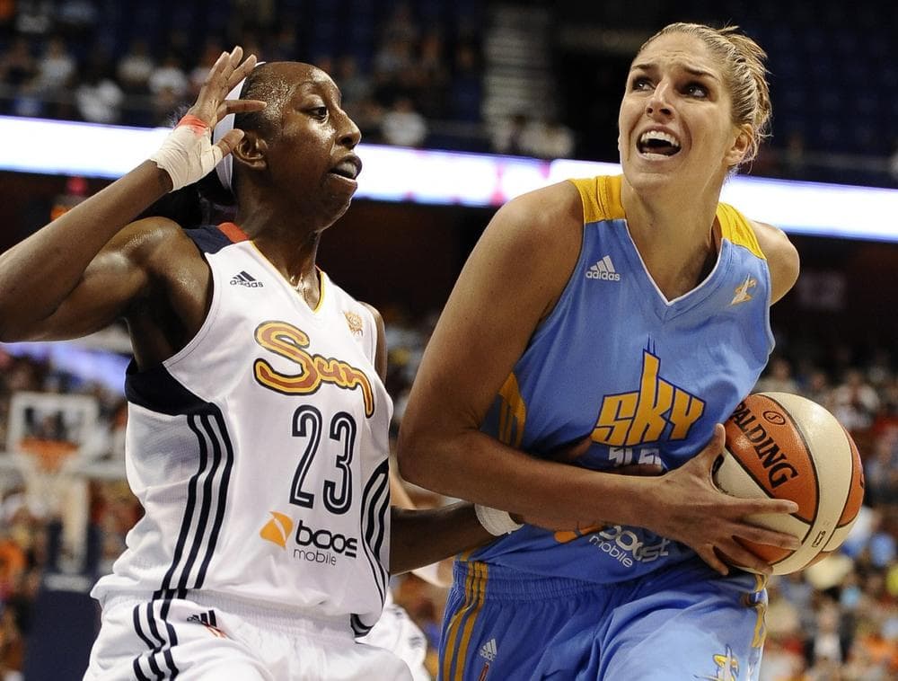 Rookie of the year Elena Delle Donne, of the Chicago Sky, drives to the basket against the Connecticut Sun. (Jessica Hill/AP)
