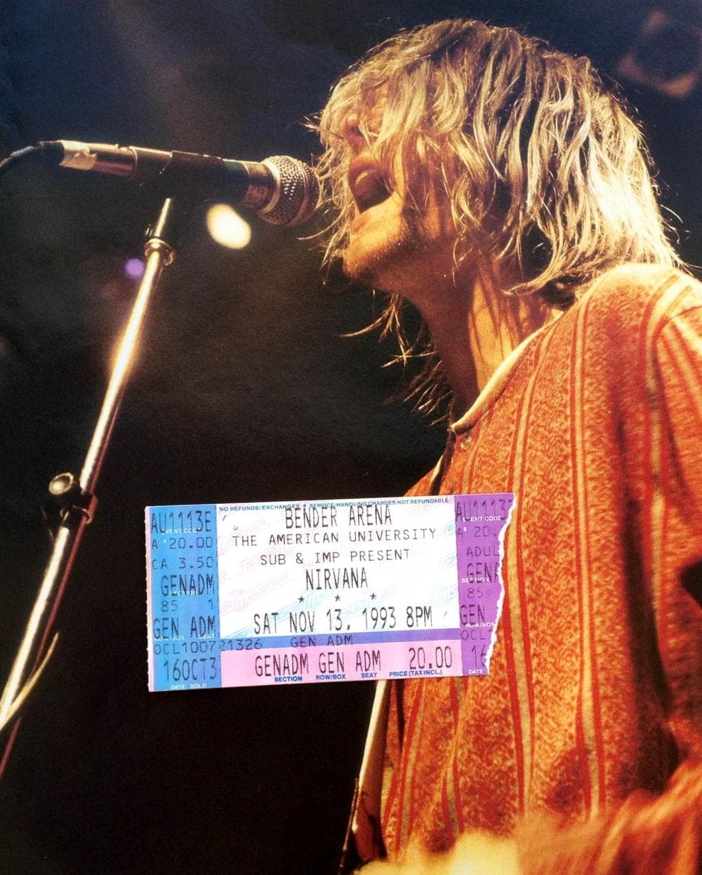 Alex Ashlock's Nirvana ticket stub is pictured on a magazine page featuring Kurt Cobain. (Here &amp; Now)
