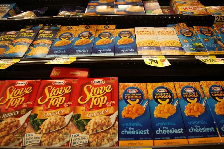 Kraft macaroni and cheese, Stove Stop stuffing mix, and Velveeta are seen at a Ralphs Fresh Fare supermarket in Los Angeles Wednesday, Feb. 9, 2011. (AP)