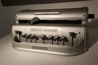 Andrea Bocelli's Standard Perkins Brailler typewriter. (Northeastern University)