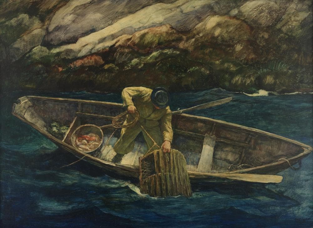 N.C. Wyeth,  Deep Cove Lobster Man, ca. 1938, Oil on gessoed board (Renaissance panel), 16 ¼ x 22 3/4 inches. Courtesy of the Pennsylvania Academy of Fine Arts, Philadelphia, Joseph E. Temple Fund