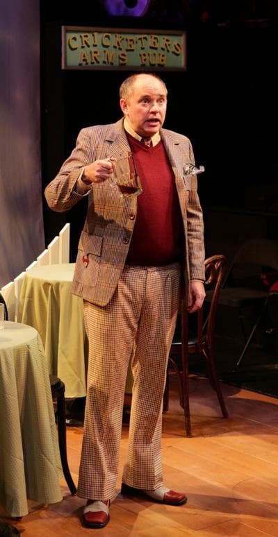 Neil A. Casey as Francis Henshall with the dregs of several leftover beers in &quot;One Man, Two Guvnors&quot; at the Lyric Stage Company of Boston. (Mark S. Howard)
