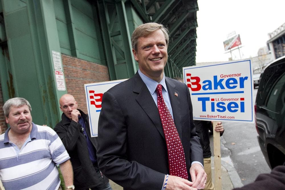 -Boston, MA, October 27 2010, - ..Candidate Charlie Baker greets supporters after a press conference at the Bleacher Bar in Fenway Park before talking with WBUR's Bob Oakes about the 2010 Massachusetts Gubernatorial campaign...(Photo by Dominick Reuter for WBUR)
