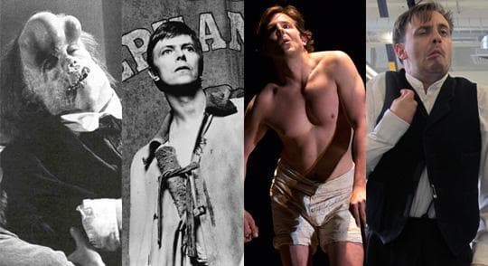 From left to right in the role of the Elephant Man: John Hurt in the 1980 film, David Bowie, Bradley Cooper and Tim Spears. (via Flickr Creative Commons, AP, Williamstown Teater Festival, Andrea Shea)