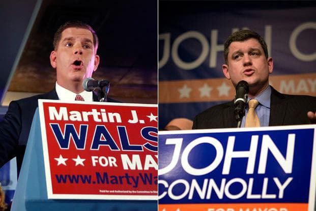 Martin Walsh, left, and John Connolly after winning the preliminary election Sept. 25, 2013. (Joe Spurr/WBUR; Jesse Costa/WBUR)