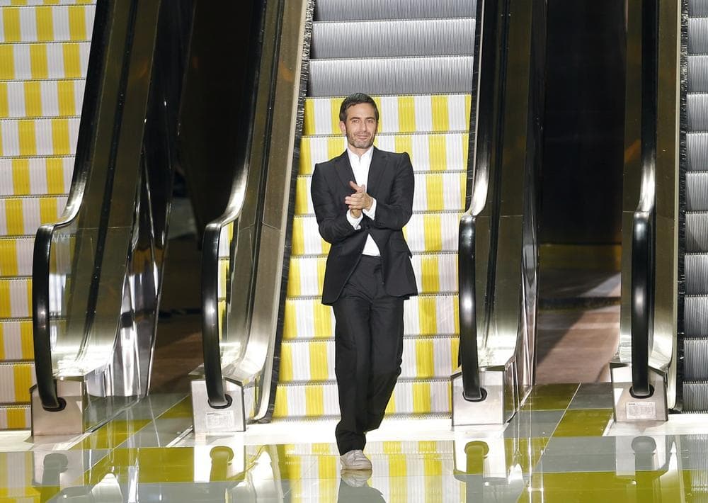 Fashion designer Marc Jacobs, at the end of his Louis Vuitton ready to wear Spring-Summer 2013 collection, presented in Paris, Wednesday, Oct. 3, 2012. (Jacques Brinon/AP)