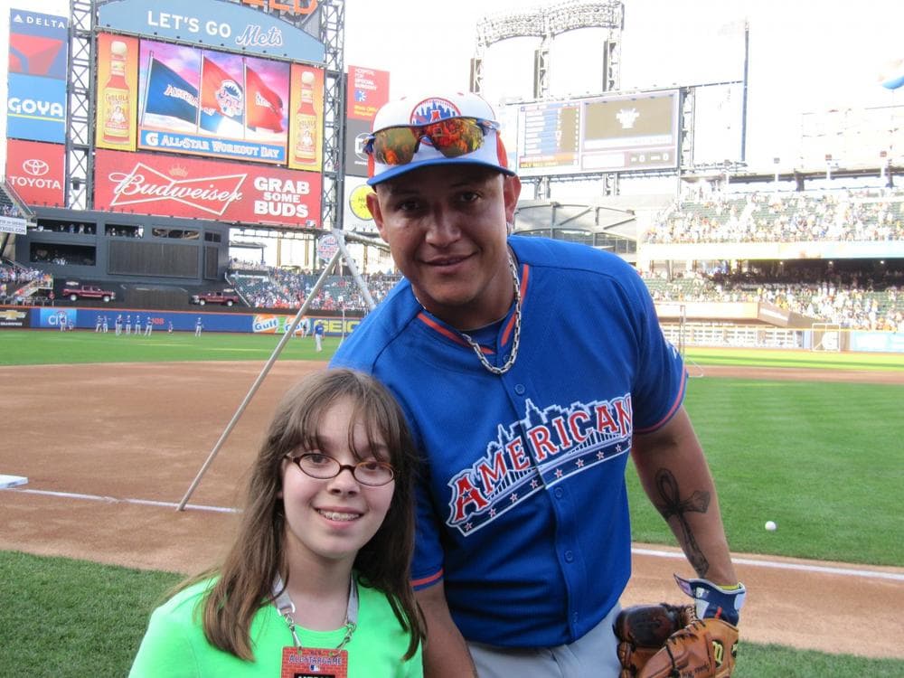 12-year-old reporter Haley Smilow with Detroit Tigers slugger Miguel Cabrera during MLB's All-Star festivities  at Citi Field in New York. (Courtesy of Marc Smilow)