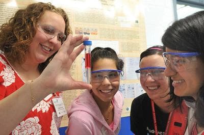 Teacher Heather Scott and students Stephanie Lamas, Dana Bielinski and Smriti Marwaha examine a test tube at Science Careers in Search of Women, hosted by the U.S. Department of Energy's Argonne National Laboratory. (Argonne National Laboratory)