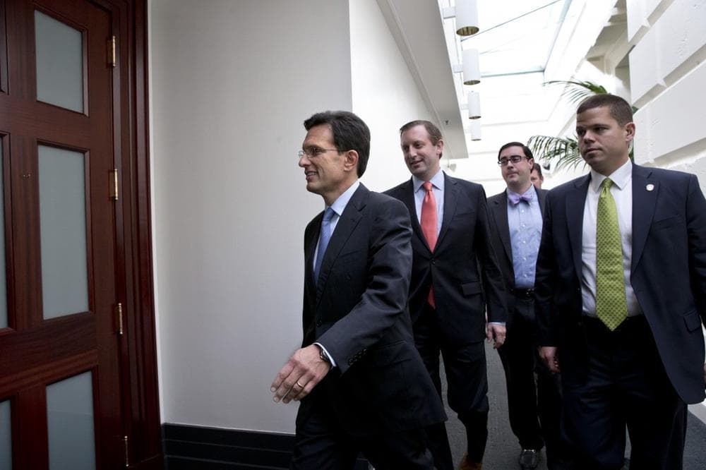 House Majority Leader Eric Cantor, R-Va., arrives for a meeting with House Republicans after Senate leaders reached a last-minute agreement Wednesday to avert a threatened Treasury default and reopen the government after a partial, 16-day shutdown, at the Capitol in Washington, Wednesday, Oct. 16, 2013. (J. Scott Applewhite/AP)