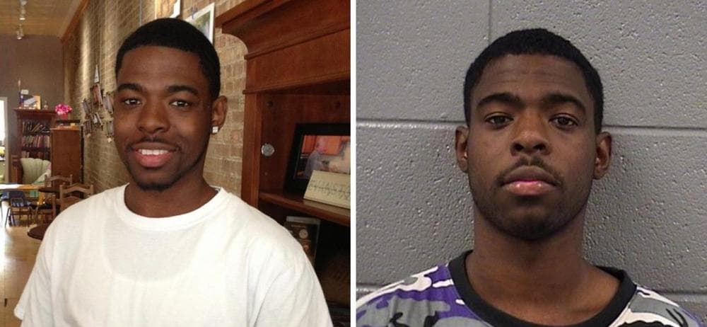 At left, Donzell Mintz at Curtis Cafe in June 2013, in photo taken by Here &amp; Now's Jeremy Hobson. At right, an image of Mintz in custody that was released by the Cook County Sheriffs Department.