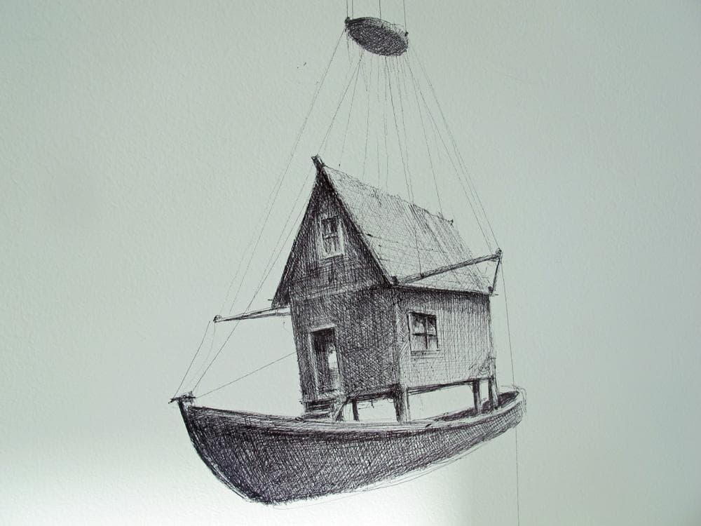 Flotilla&quot; is a sprawling series of more than 100 tiny, painstakingly detailed ball point pen drawings by Boston artist Ethan Murrow. (Andrea Shea/WBUR)
