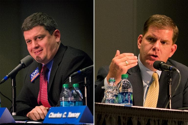 John Connolly, left, and Marty Walsh, right, are vying to become the next mayor of Boston. (Jesse Costa/WBUR)