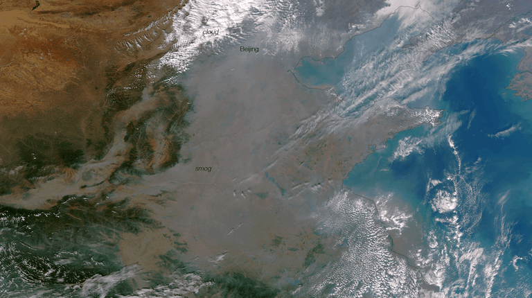 The cloud of smog that smothered Harbin, China, as seen from space. (NOAA)