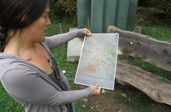 Stephanie Syson of the Central Rocky Mountain Permaculture Institute looks at plans for a proposed food forest in Basalt, Colo. (Luke Runyon/Harvest Public Media)