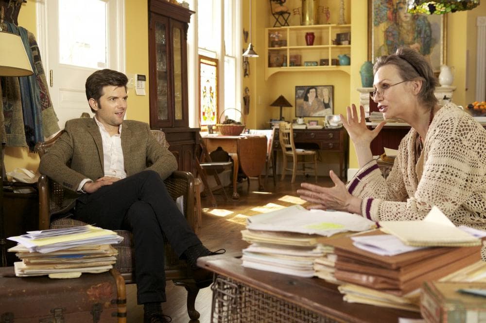 In the new film 'A.C.O.D.,' Carter (Adam Scott) reconnects with Dr. Judith (Jane Lynch), his childhood psychologist. (Black Bear Pictures)