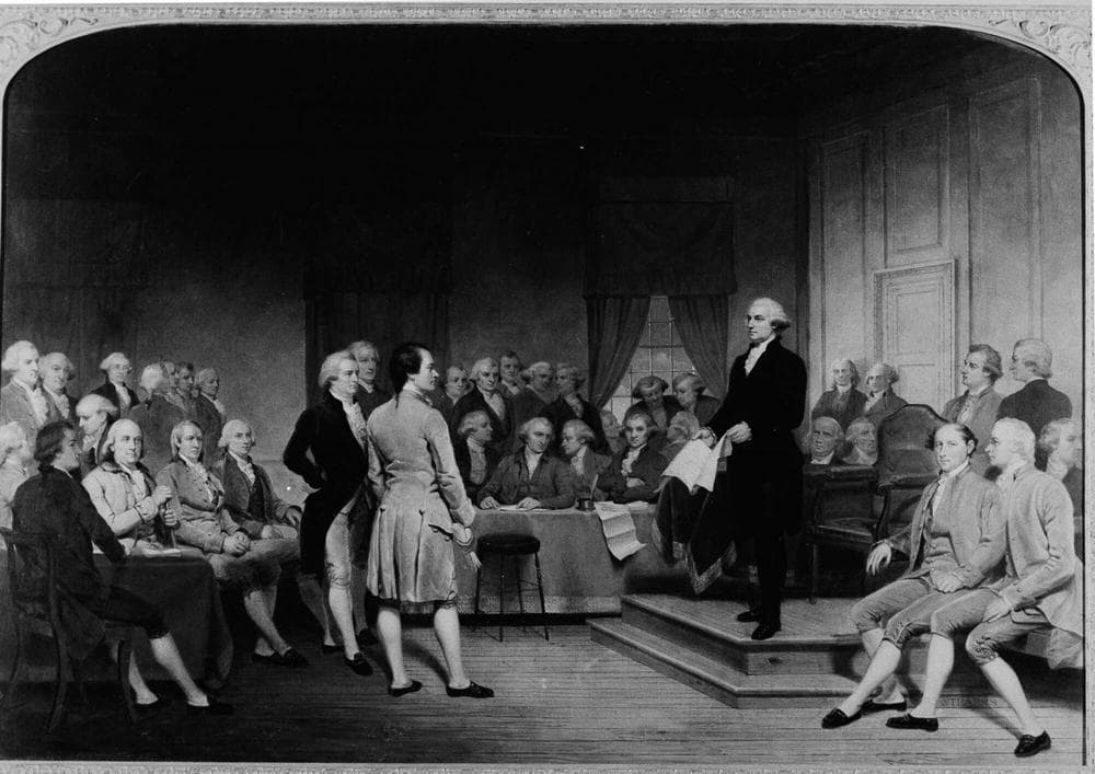 George Washington is depicted in the 1856 painting &quot;George Washington Addressing the Constitutional Convention&quot; by Junius Brutus Stearns, depicting a climactic moment at the end of the convention. (AP)