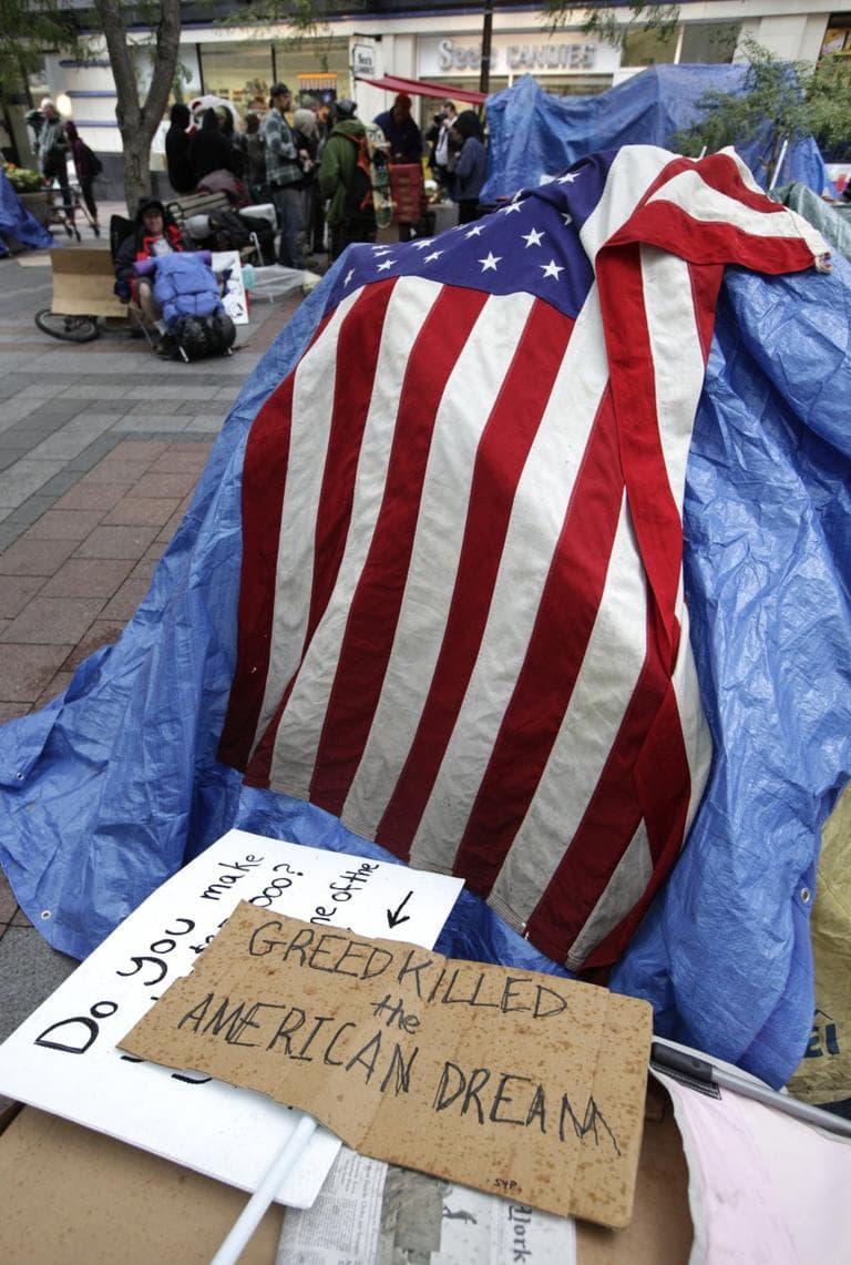 A scene near the &quot;Occupy Seattle&quot; encampment in downtown Seattle's Westlake Park, Wednesday, Oct. 5, 2011. (Ted S. Warren/AP)