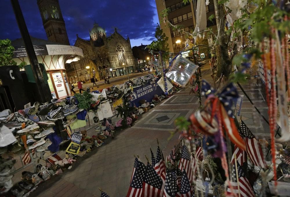 A makeshift memorial at the finish line of the Boston Marathon in Copley Square, May 14, 2013. (AP/Elise Amendola)