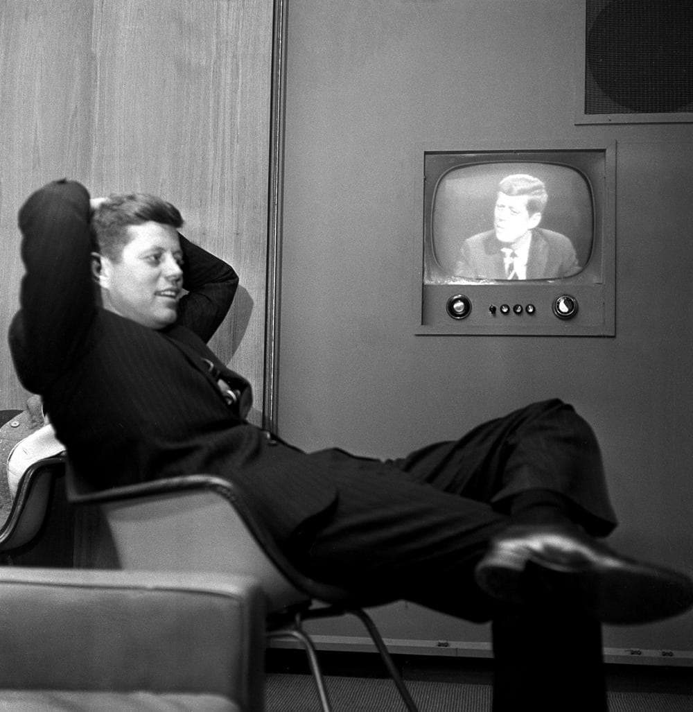 Sen. John F. Kennedy, Democratic presidential nominee, sees a playback of his televised appearance in Milwaukee, Wis., April 3, 1960. Sen. Kennedy answered questions and gave his views as part of his campaign to win the Wisconsin presidential preference primary April 5. (AP)