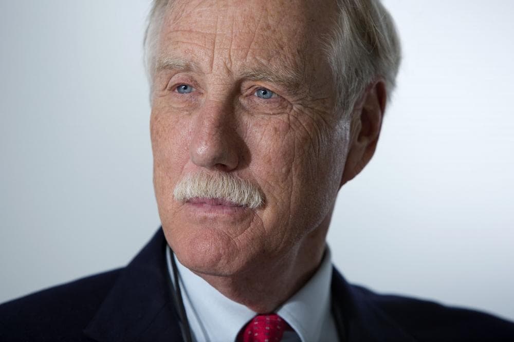Sen. Angus King, I-Maine, pauses during an interview with the Associated Press, Friday, May 3, 2013, in Portland, Maine. (AP Photo/Robert F. Bukaty)