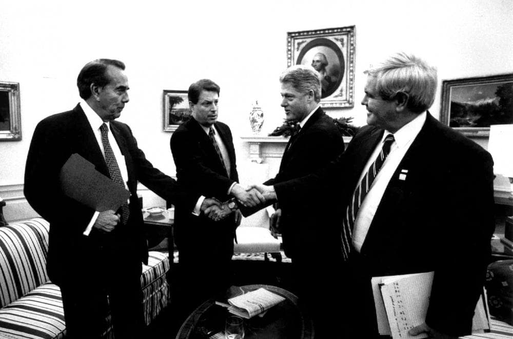 In this Dec. 19, 1995 photo, leaders meet in the Oval Office over a federal budget impasse. L-R: Senate Majority Leader Bob Dole, Vice President Al Gore, President Bill Clinton, and House Speaker Newt Gingrich. (AP)