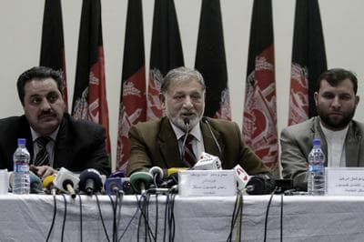 Independent Elections Commission chief Ahmad Yousuf Nuristani, center, speaks during a press conference in Kabul, Afghanistan, Tuesday, Oct. 22, 2013. The top contenders for Afghanistan’s 2014 presidential elections all survived a preliminary disqualification round on Tuesday that eliminated 16 minor candidates for not meeting requirements, officials said. (AP)