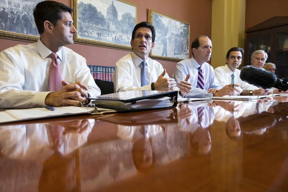 With the federal government out of money and out of time, House Majority Leader Eric Cantor, R-Va., center, meets with House GOP conferees as the Republican-controlled House and the Democrat-controlled Senate remain at an impasse, neither side backing down over Obamacare, at the Capitol in Washington, Tuesday, Oct. 1, 2013. (AP)