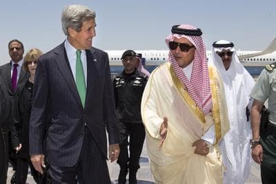 In this Tuesday, June 25, 2013 file photo, U.S. Secretary of State John Kerry, left, is greeted by Saudi Foreign Minister Prince Saud al-Faisal upon arrival in Jeddah, Saudi Arabia. One day, Saudi Arabia looks to spend $6.8 billion in its latest buying spree of American weapons. Two days later, the kingdom vents its anger at the U.S. ‘s Mideast policy by snubbing a seat on the U.N. Security Council in a show of discontent. A mix of both customer and critic, Saudi Arabia is trying to carve out its own path to counter U.S. moves such as outreach to Iran, while knowing it still needs its longtime ally as a powerful big brother. (AP)
