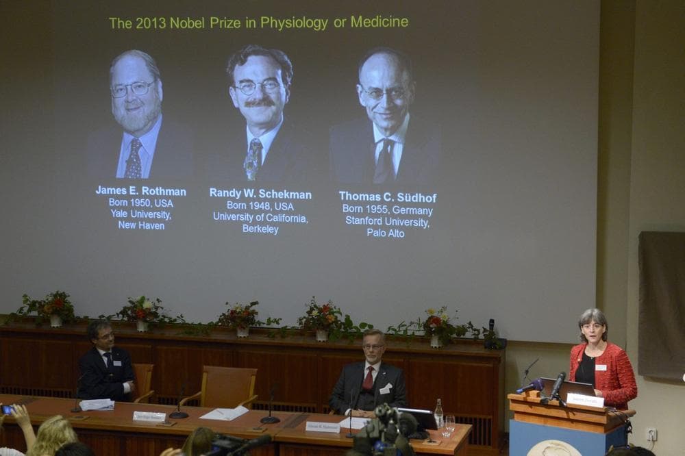 Karolinska Institute's Chairman of the Nobel committee for physiology or medicine Juleen Zierath talks, as images of James Rothman and Randy Schekman, of the US, and German-born researcher Thomas Suedhof are projected on a screen, in Stockholm, Sweden, Monday, Oct. 7, 2013, as they are announced as the winners of the 2013 Nobel Prize in medicine. (AP)