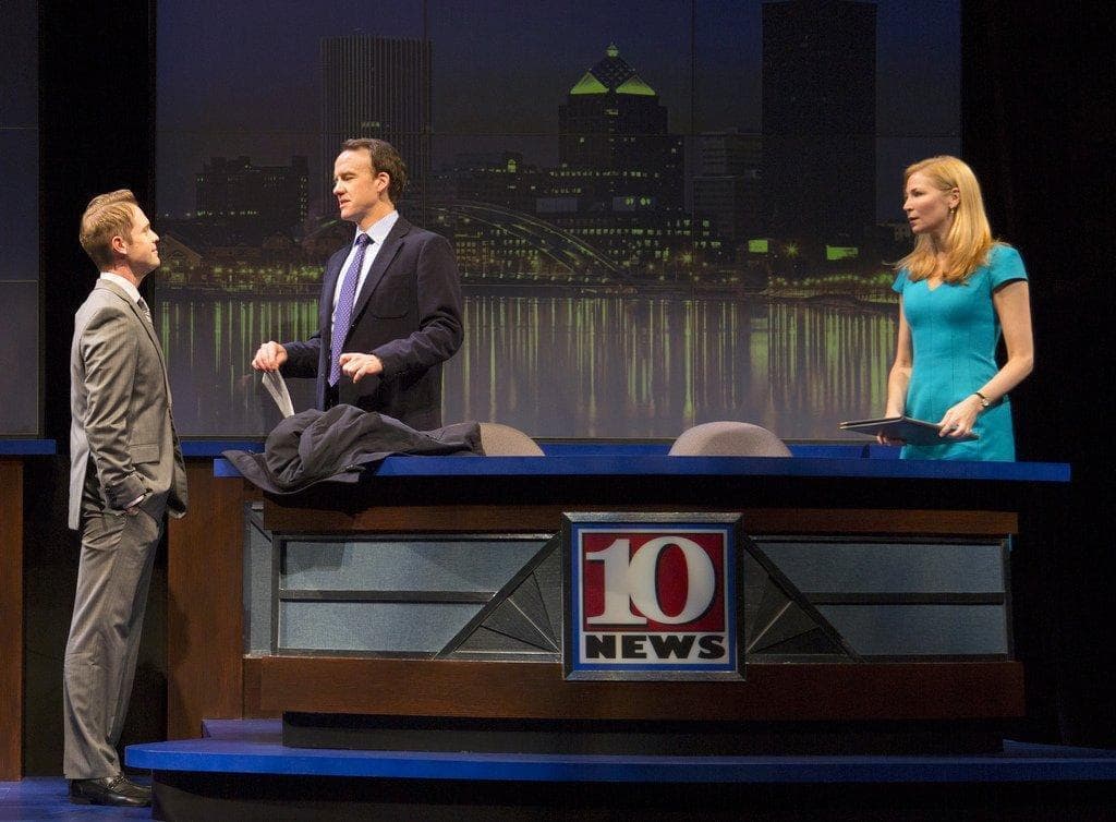 News director Scott Zoellner (Ben Cole) confronts Charles Duff (David Wilson Barnes) while coanchor Sue Raspell (Jennifer Westfeldt) takes a wary look at things. (T. Charles Erickson)