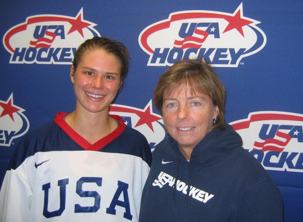 Josephine Pucci's hockey career was in jeopardy after she suffered her third concussion. Now Pucci (left) is reunited with coach Katey Stone (right) on the U.S. National Team. (Bill Littlefield/Only A Game)