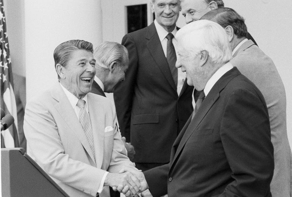 President Ronald Reagan greets House Speaker Thomas P. O'Neill Jr. at the conclusion of a session in the Rose Garden of the White House, Aug. 19, 1982, to urge support of a package of tax increases before the House. As Reagan reached for O'Neill's hand, he said, &quot;Let's get a picture of that.&quot; (AP/Ira Schwarz)