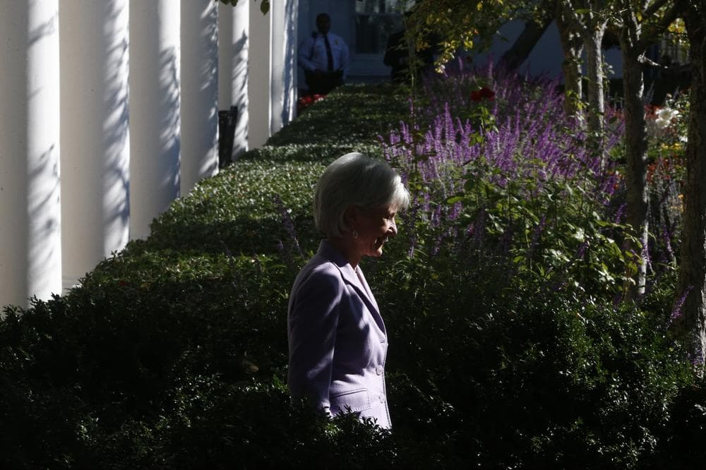Health and Human Services Secretary Kathleen Sebelius arrives before President Barack Obama speaks during an event in the Rose Garden of the White House on the initial rollout of the health care overhaul on Monday, Oct. 21, 2013 in Washington. (AP)