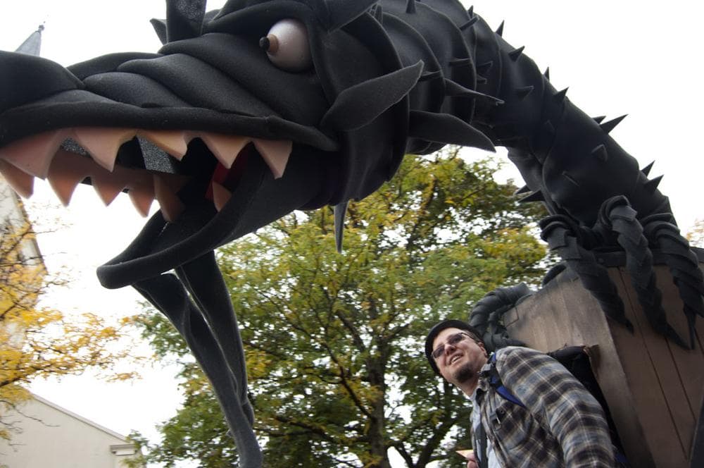 A dragon was part of a group promoting Somerville Open Studios. (Greg Cook)
