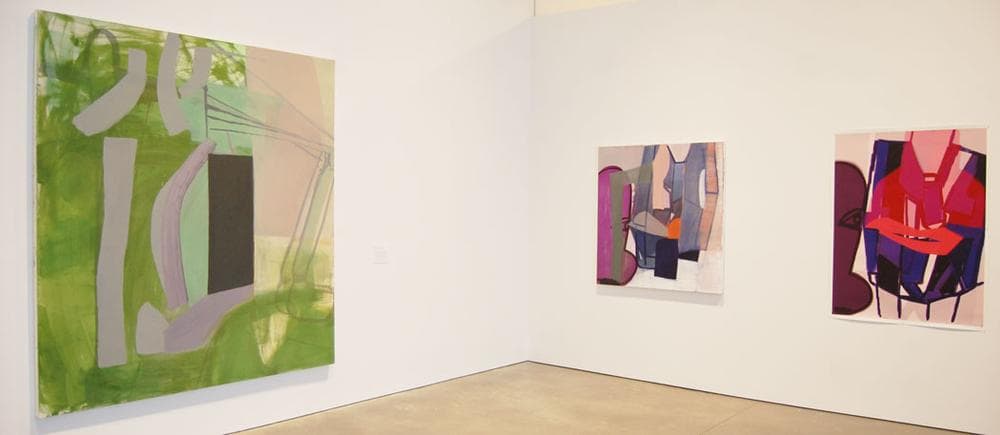 The last gallery of Amy Sillman's ICA show features (from left) &quot;Black Doorway,&quot; 2011; &quot;#841 (painting from print from animated drawing),&quot; 2012; and &quot;#841 (print from still from animated drawing),&quot; 2013. (Greg Cook)