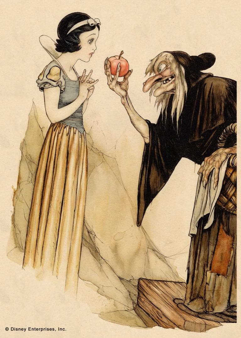 Snow White and Witch with Poisoned Apple Gustaf Tenggren Book illustration; watercolor and ink on paper (Courtesy Walt Disney Family Foundation; © Disney)