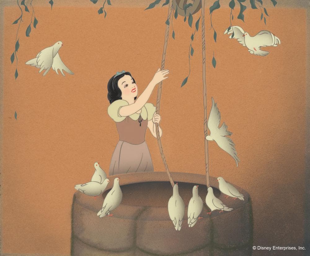 Snow White with Pigeons, Draws Water. Disney Studio Artist Reproduction cel setup; acrylic on cellulose acetate and gouache on paper. (Courtesy Walt Disney Animation Research Library; ©Disney.)