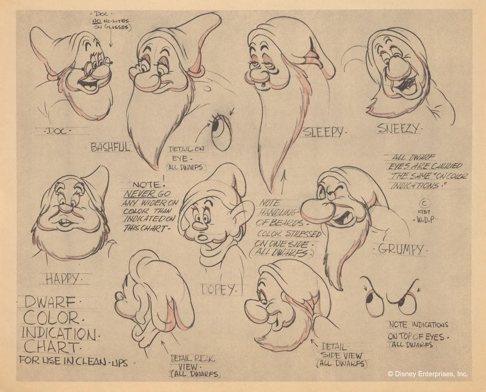 Color Model Sheet of Dwarfs. Disney Studio Artist Model sheet; graphite copy on paper. (Courtesy Walt Disney Animation Research Library; ©Disney)