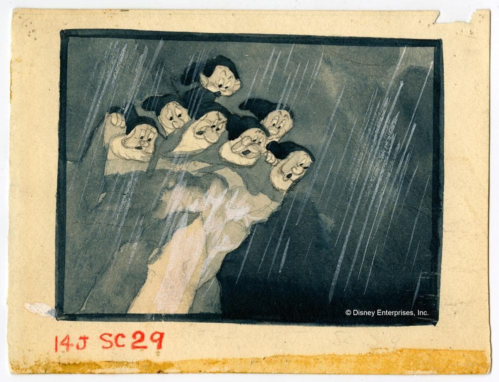 The Dwarfs Look Over Precipice to See The Witch Falling, Ken O'Connor. Layout thumbnail sketch; graphite, colored pencil and watercolor on paper. (Courtesy Walt Disney Animation Research Library; ©Disney)