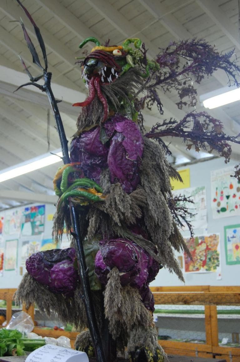 Goat Devil” made by the Wong-Rapuano family from corn, pineapple, gourds, peppers, phragmites, artichoke, beans, beets, onions and carrots in 2009. (Greg Cook)