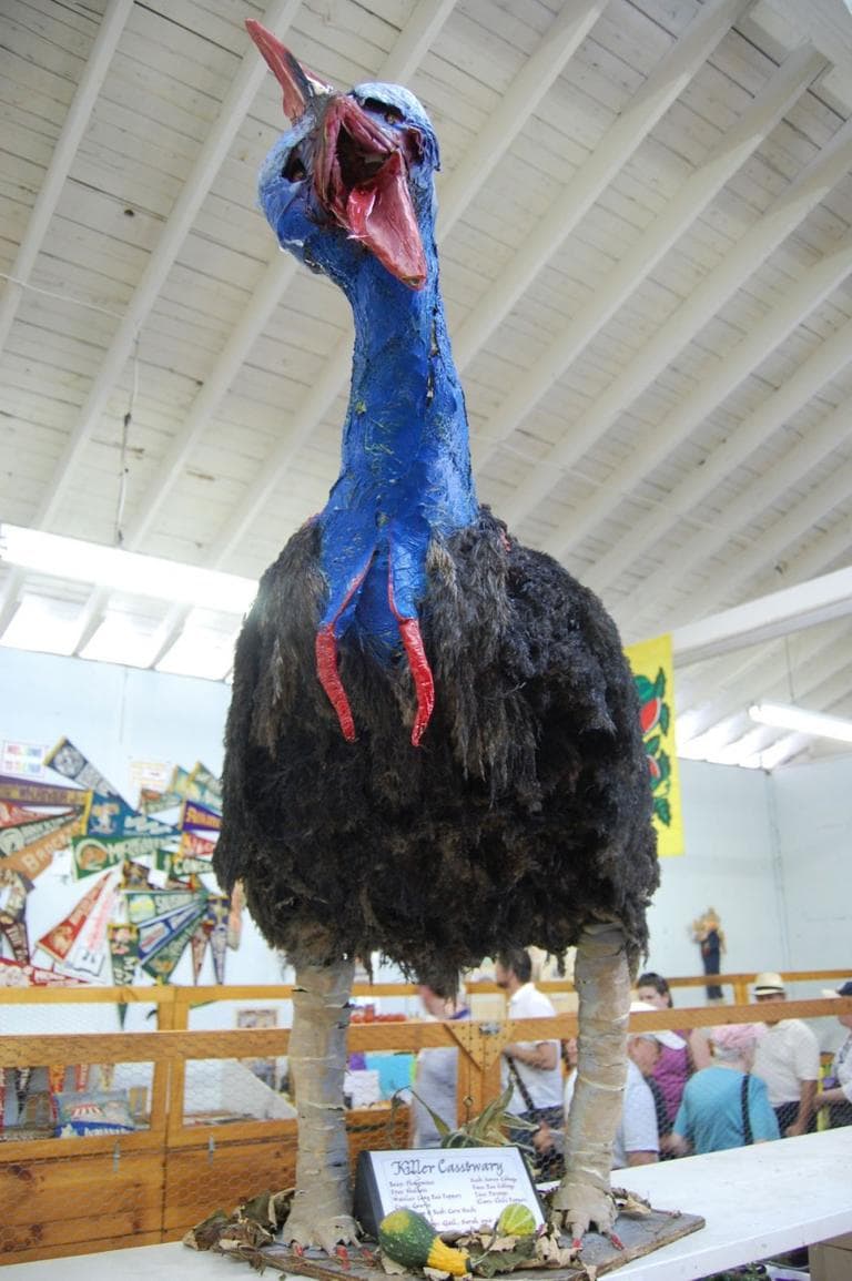Killer Cassowary” made by the Topsfield Wongs from phtragmites, shallots, red peppers, gourds, cabbage, parsnips, chili peppers in 2011. (Greg Cook)