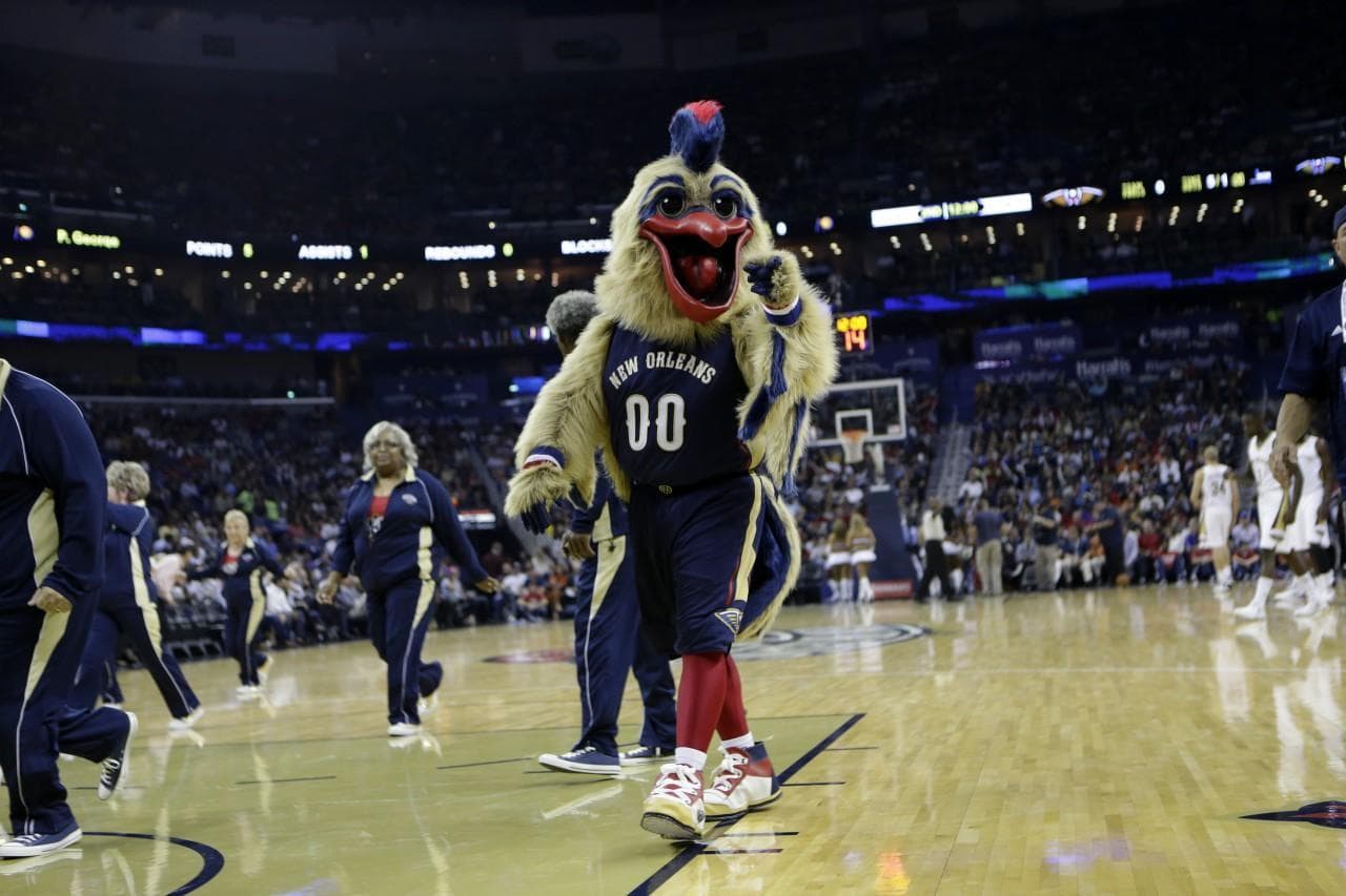 The New Orleans Pelicans mascot, Pierre, has been described as 'a critter from an old Japanese horror movie.' (Gerald Herbert/AP)