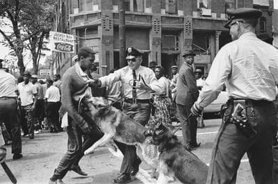 A 17-year-old civil rights demonstrator, defying an anti-parade ordinance of Birmingham, Ala., is attacked by a police dog on May 3, 1963. President Kennedy discussed this photo, which had appeared on the front page of that day's New York Times. (Bill Hudson/AP)