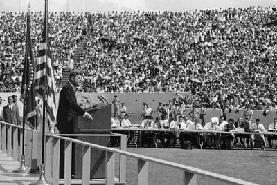 President John F. Kennedy delivers an address to approximately 50,000 people at Rice University stadium in Houston. (AP)