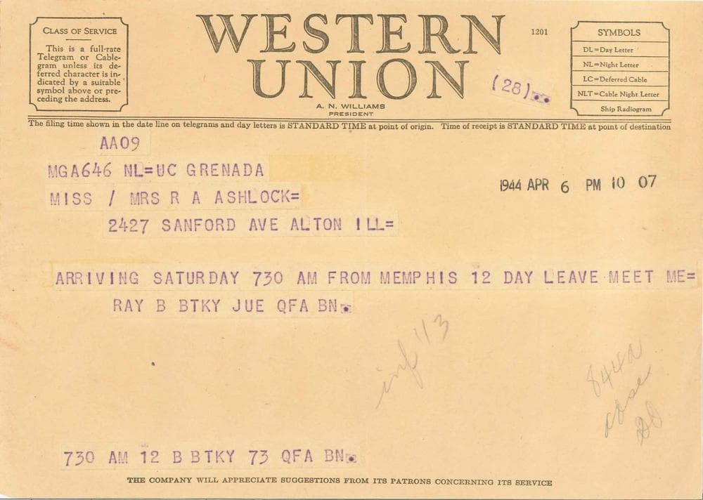 A telegram dated April 6, 1944, from Raymond Allen Ashlock to his wife. 