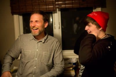 Nate shares a laugh with his dad, Tom. (Jesse Costa/WBUR)