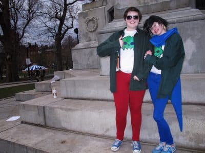 Nate and his friend Devon on Boston Common during a cosplay meetup. (Martha Bebinger/WBUR)