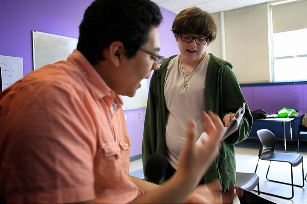 Nate and his friend Carlos rehearse lines during theater class at Boston Arts Academy. (Jesse Costa/WBUR)